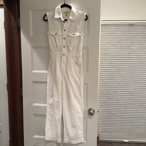 White denim sleeveless carpenter jumpsuit from Madewell